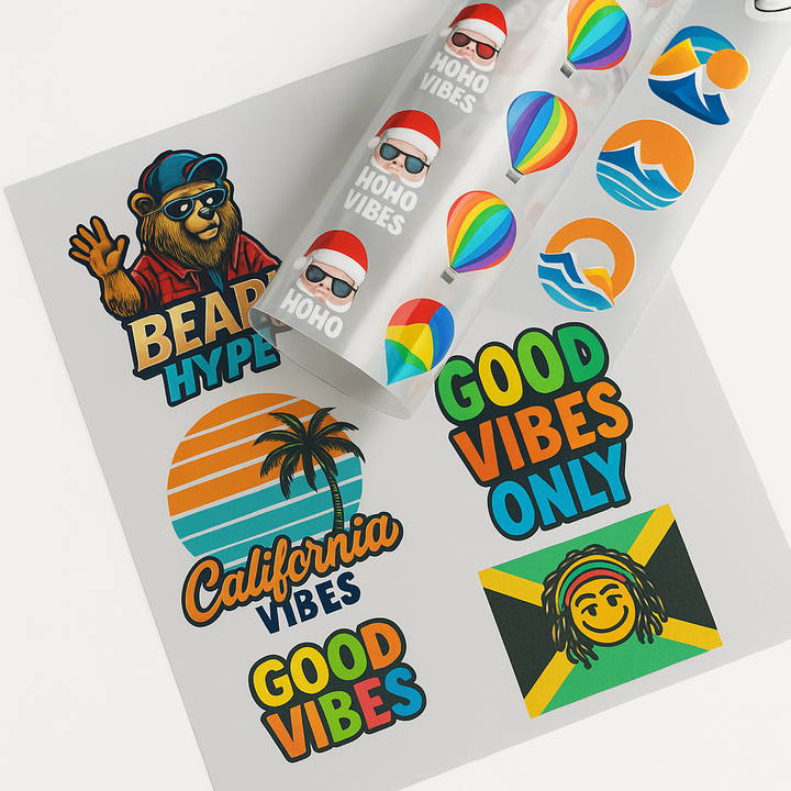 Custom UV DTF gang sheet for hard surfaces - High-efficiency layout featuring multiple 3D embossed designs with vibrant colors, perfect for personalizing tumblers, glass, and wood.