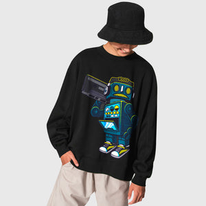 Custom DTF Transfer with vibrant colors on a black sweatshirt - Robot design