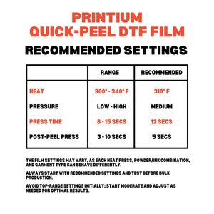 Technical settings table for Printium Quick-Peel DTF Film showing recommended heat at 310°F, medium pressure, and 12 seconds press time for optimal results.