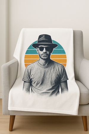 Custom DTF printing on a white blanket - Vintage retro style man design with vibrant sunset colors