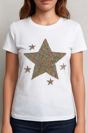 Vibrant Glitter DTF transfers applied on a high-quality t-shirt – Featuring a sparkling, high-shimmer finish with durable heat press technology for brilliant 2026 custom apparel designs.