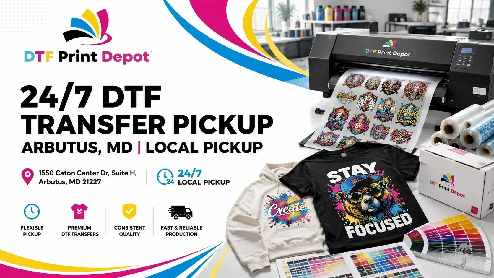 DTF Print Depot 24/7 DTF transfer pickup in Arbutus, MD, featuring a DTF printer, transfer sheets, custom apparel, and local pickup service.