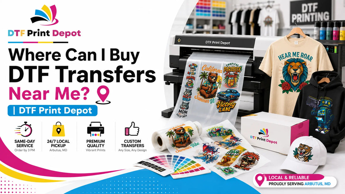 DTF Print Depot banner showing colorful DTF transfer sheets, a DTF printer, custom printed apparel, and local DTF transfer service in 