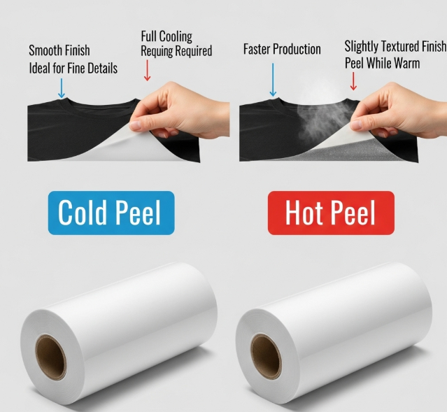 Infographic comparing Cold Peel vs Hot Peel DTF films, showing the different peeling techniques and finish results on apparel.