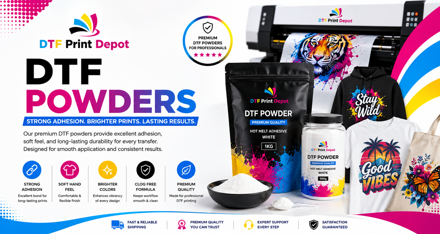 High-quality DTF adhesive powder applied to vibrant custom transfer films.