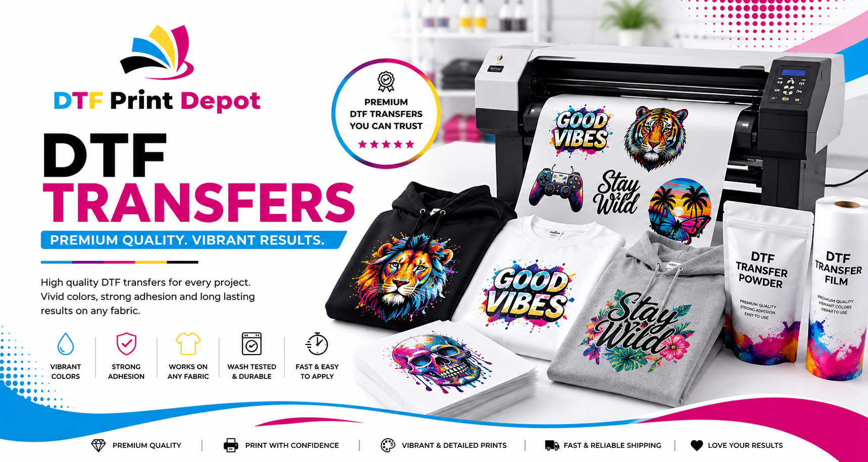 Professional custom transfer sheets and vibrant stickers on a printing studio desk.