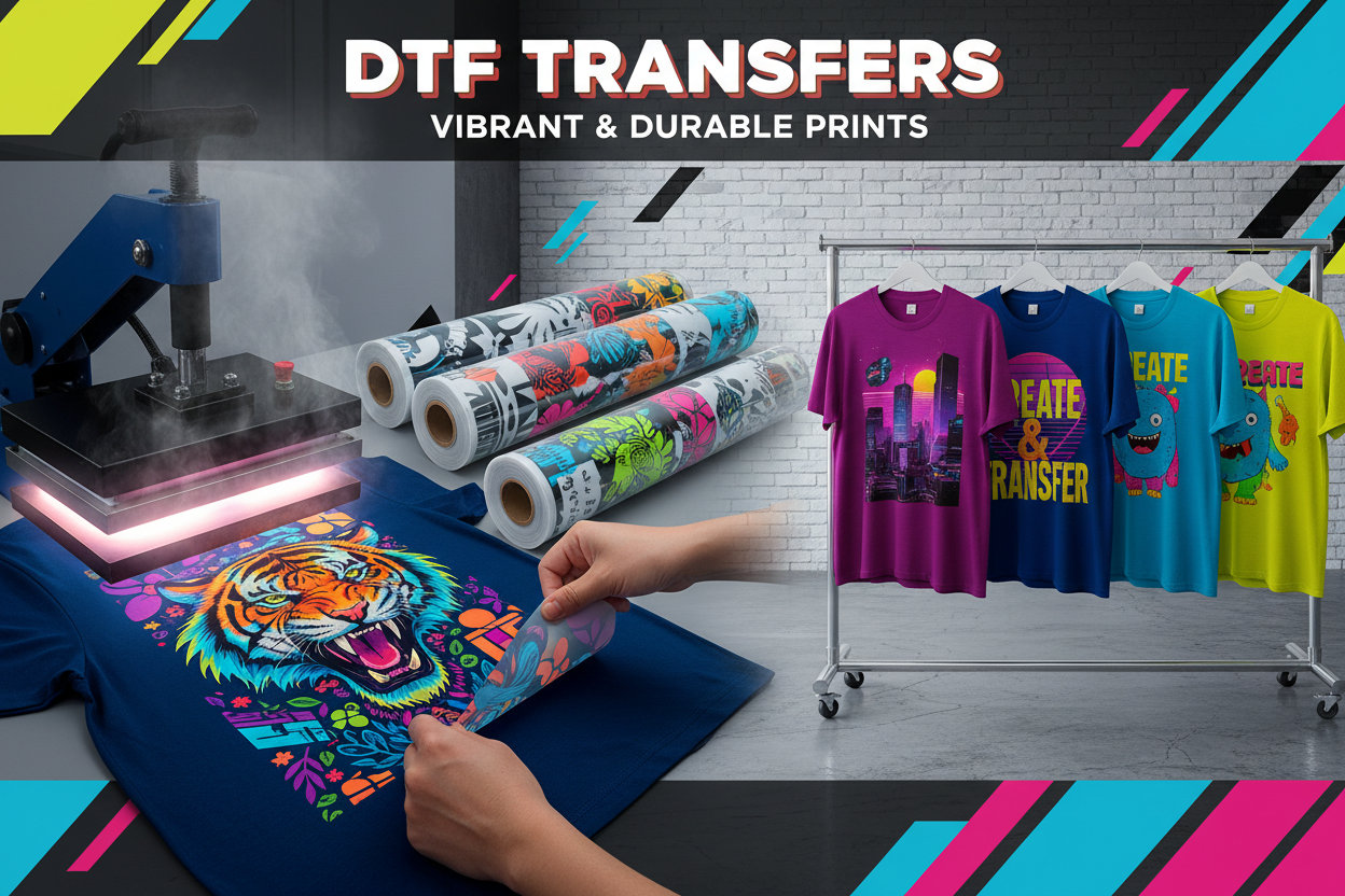 High-quality custom DTF transfers and vibrant stickers displayed on a professional workspace.