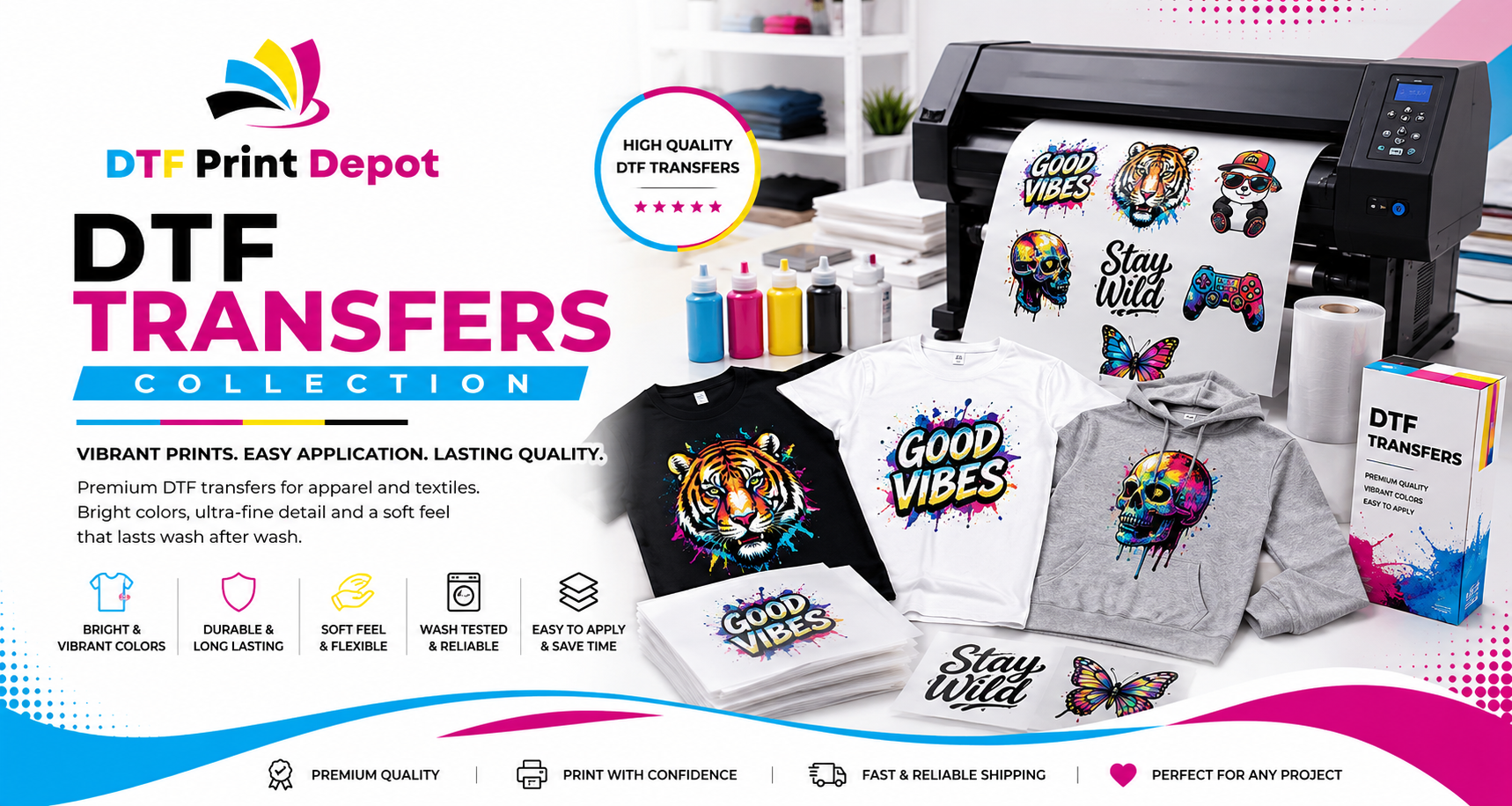 High-quality custom DTF transfers and vibrant stickers displayed on a professional workspace.