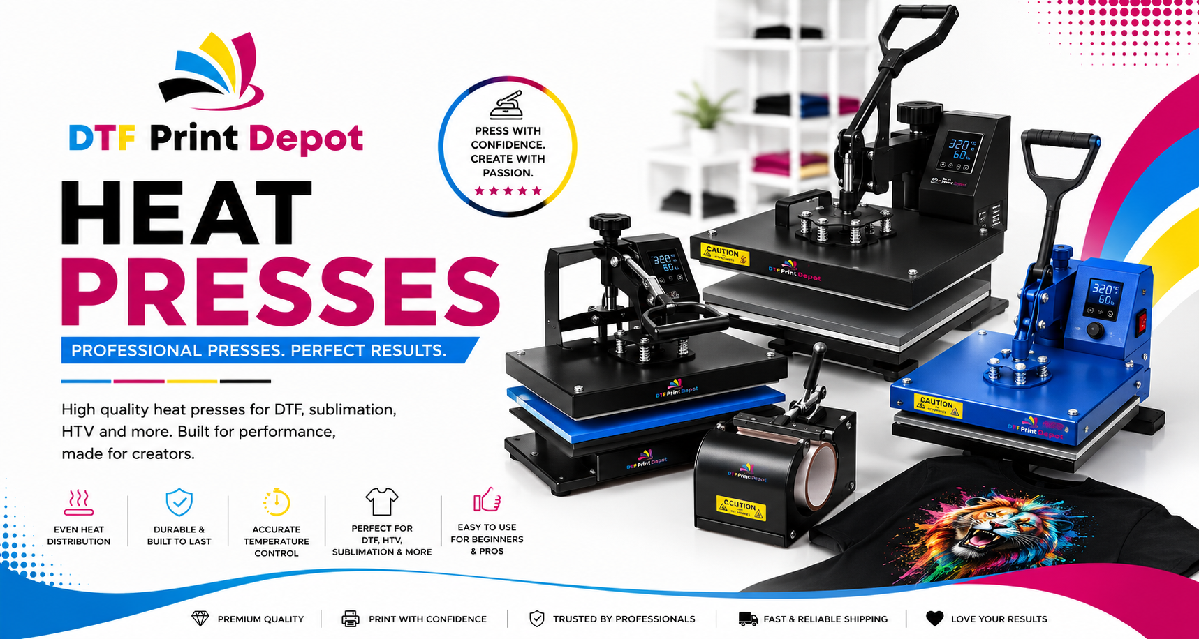 Professional heat press machine for high-quality custom transfers and durable apparel branding.