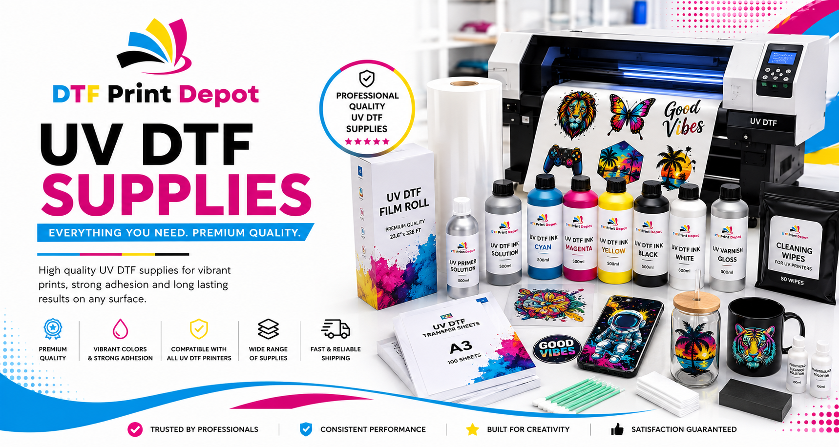 High-quality UV DTF supplies including premium films and adhesives for durable, vibrant custom branding.