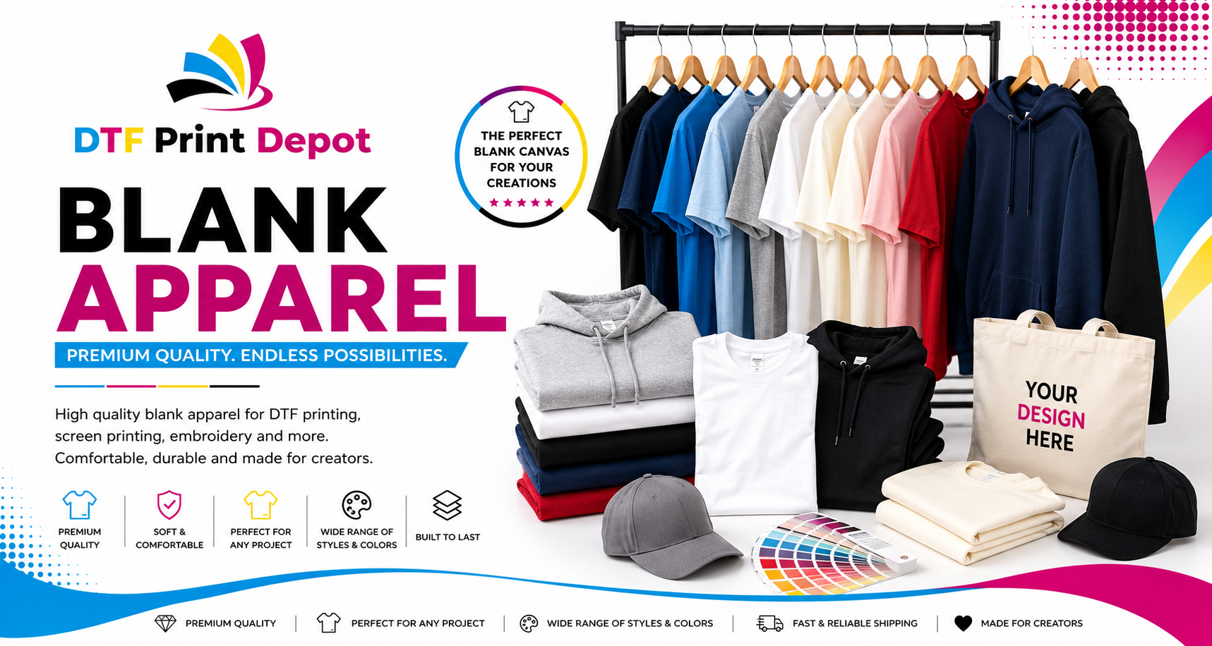 Premium blank apparel for custom printing featuring high-quality fabrics for professional garment branding.