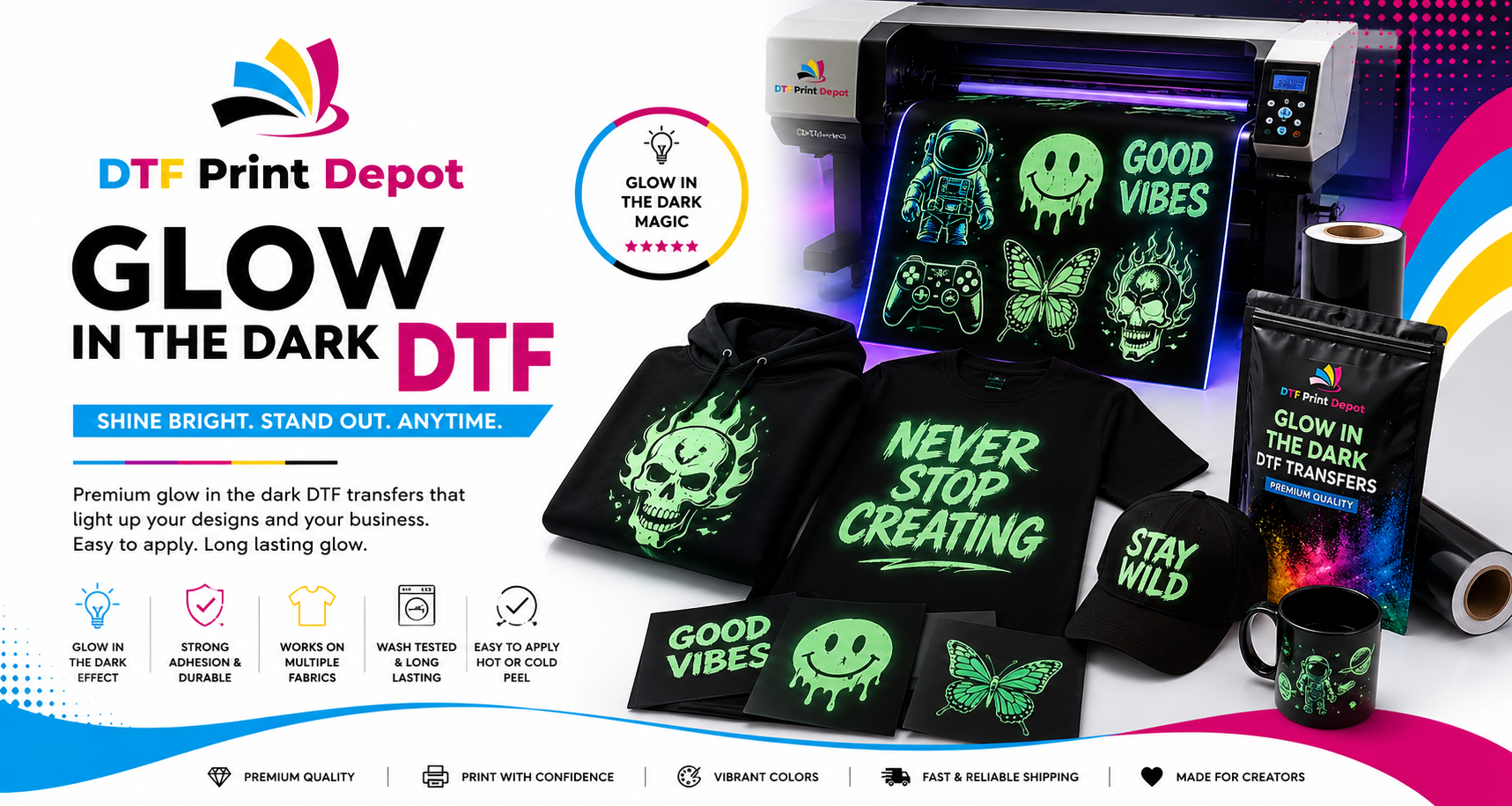 Premium glow in the dark stickers and apparel transfers featuring ultra-bright luminescent custom graphics.
