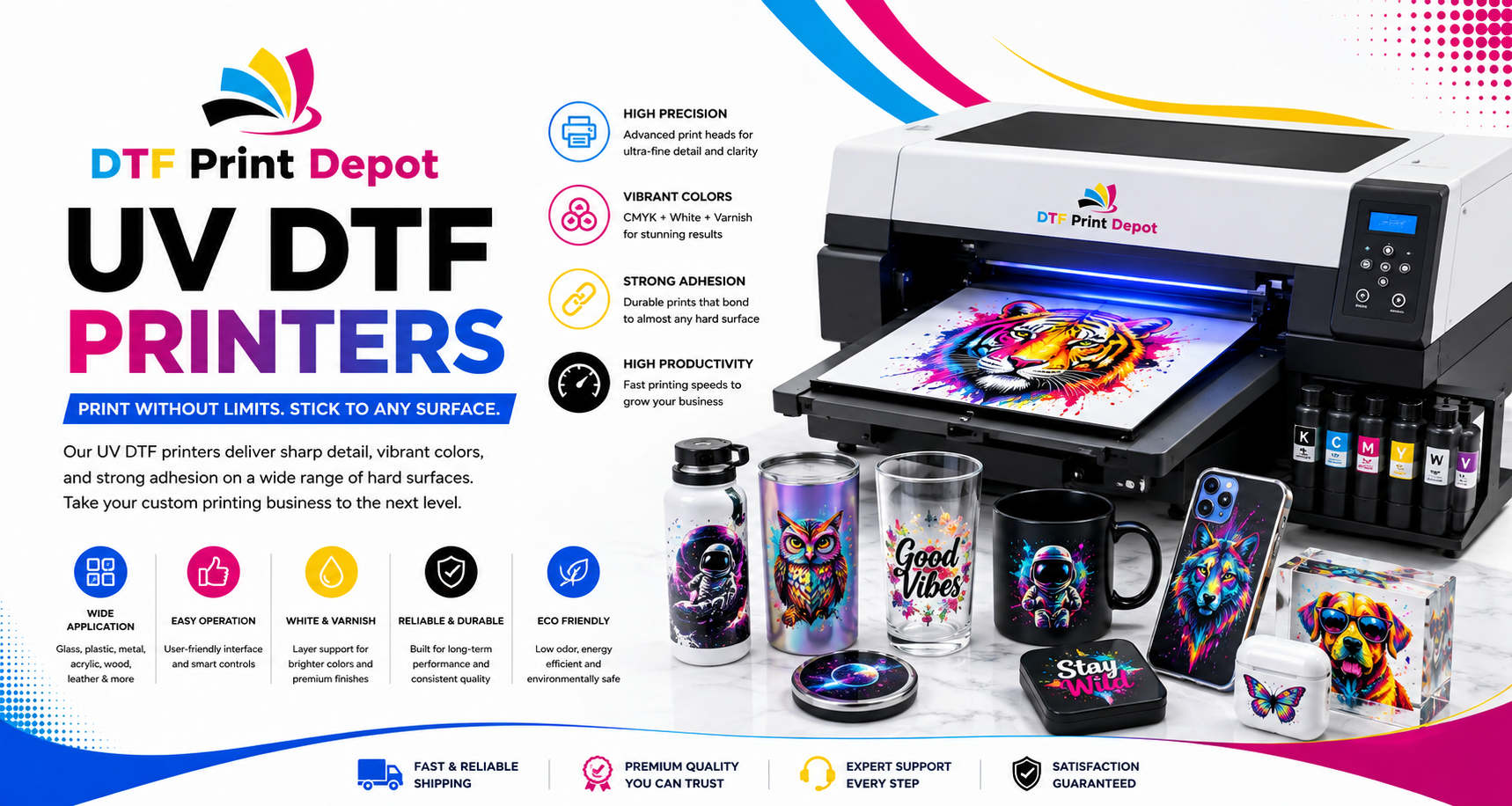 Professional UV DTF printer for high-resolution, direct-to-film printing on custom hard surfaces.