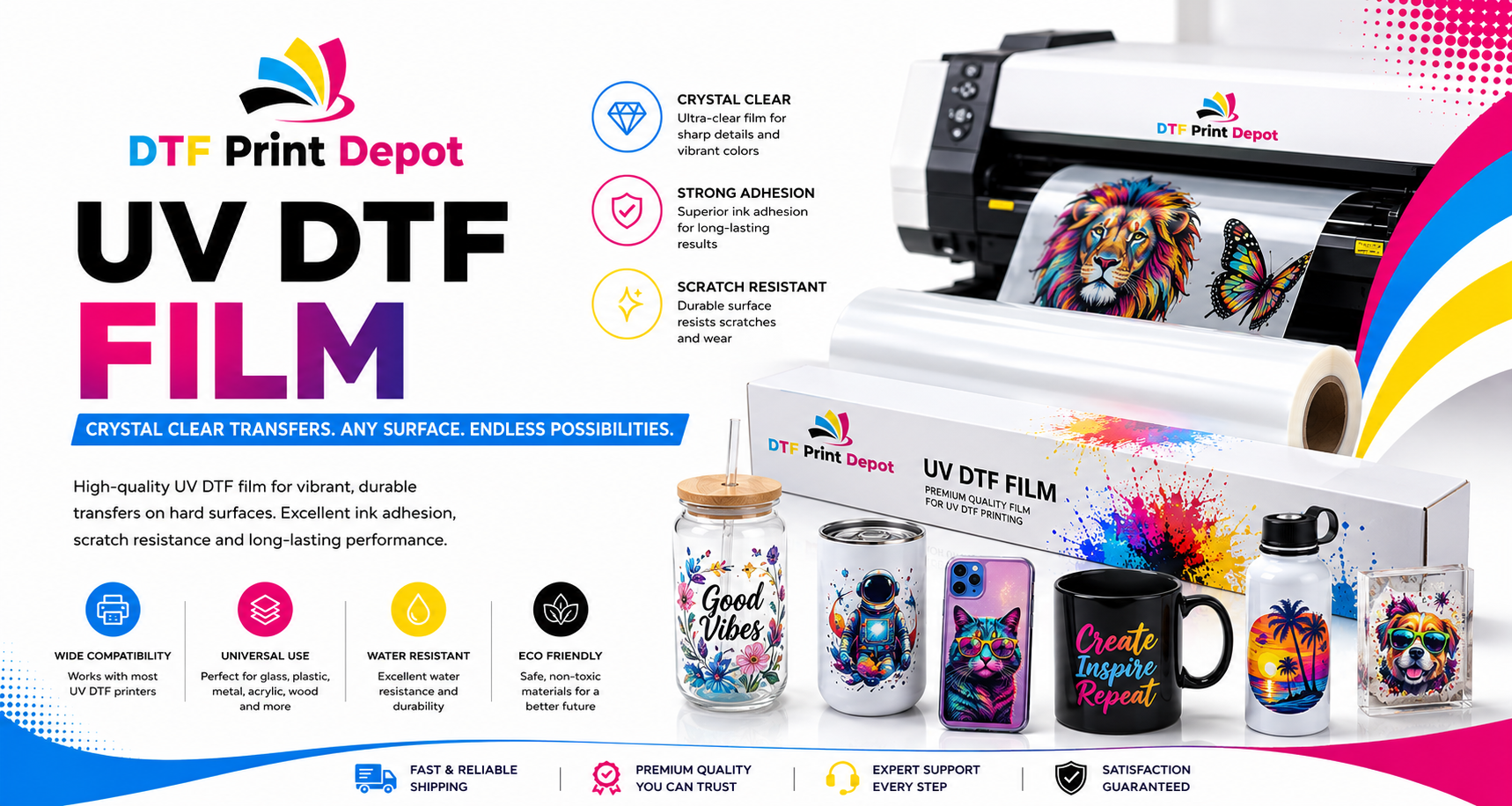 Premium UV DTF film for high-resolution, durable transfers on hard surfaces and custom products.
