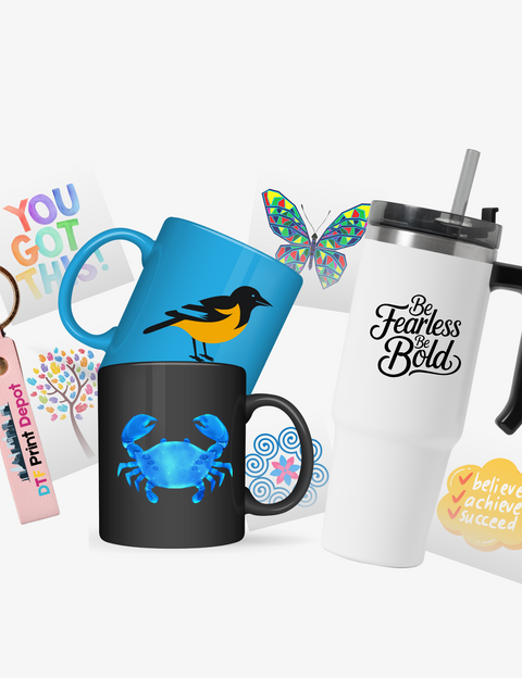 High-quality custom UV DTF transfers by size applied on various hard surfaces including ceramic mugs, stainless steel tumblers, and leather keychains – Showcasing vibrant colors and durable branding for 2026 customization trends.