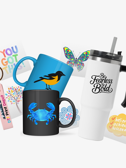 High-quality custom UV DTF transfers by size applied on various hard surfaces including ceramic mugs, stainless steel tumblers, and leather keychains – Showcasing vibrant colors and durable branding for 2026 customization trends.