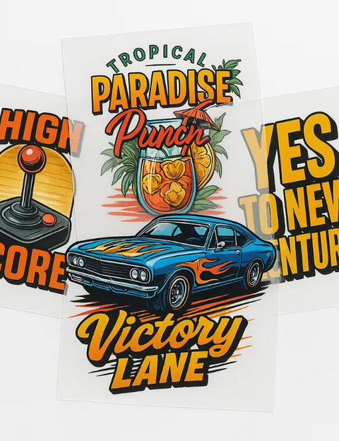 Professional custom DTF transfers by size for vibrant heat press decals and clothing decoration