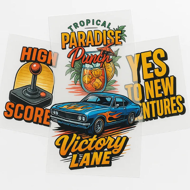 Professional custom DTF transfers by size for vibrant heat press decals and clothing decoration