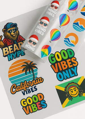 Custom UV DTF gang sheet for hard surfaces - High-efficiency layout featuring multiple 3D embossed designs with vibrant colors, perfect for personalizing tumblers, glass, and wood.