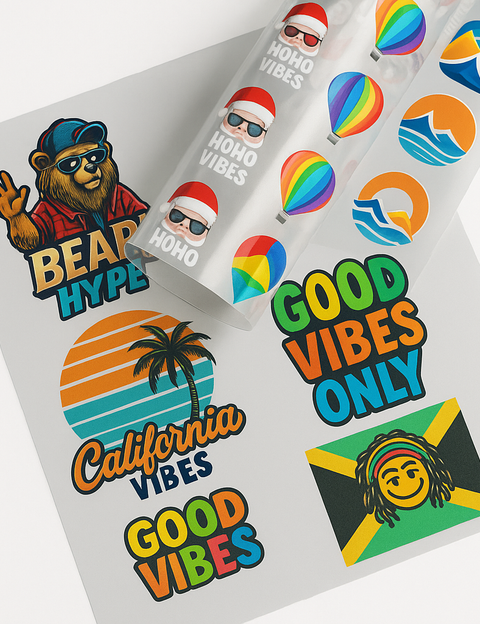 Custom UV DTF gang sheet for hard surfaces - High-efficiency layout featuring multiple 3D embossed designs with vibrant colors, perfect for personalizing tumblers, glass, and wood.