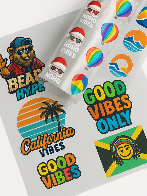 Custom UV DTF gang sheet for hard surfaces - High-efficiency layout featuring multiple 3D embossed designs with vibrant colors, perfect for personalizing tumblers, glass, and wood.