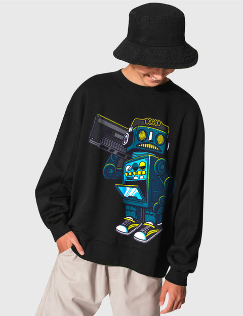 A stylish black sweatshirt featuring a vibrant DTF hoodie transfer of a retro robot carrying a boombox – Showcasing the future of streetwear branding with high-detail, durable graphic prints and modern 2026 urban apparel design.