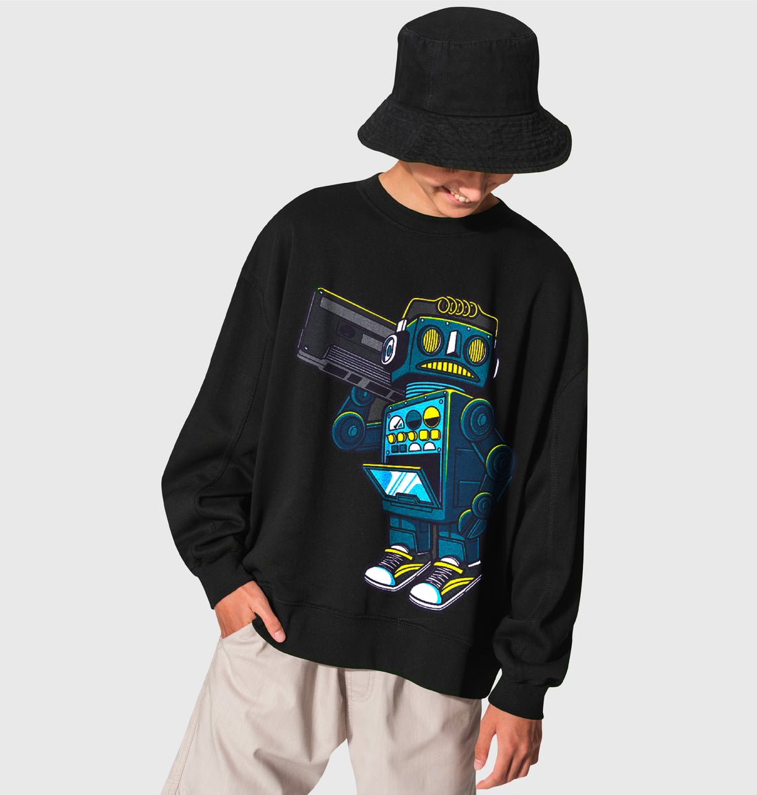 Custom DTF Transfer with vibrant colors on a black sweatshirt - Robot design