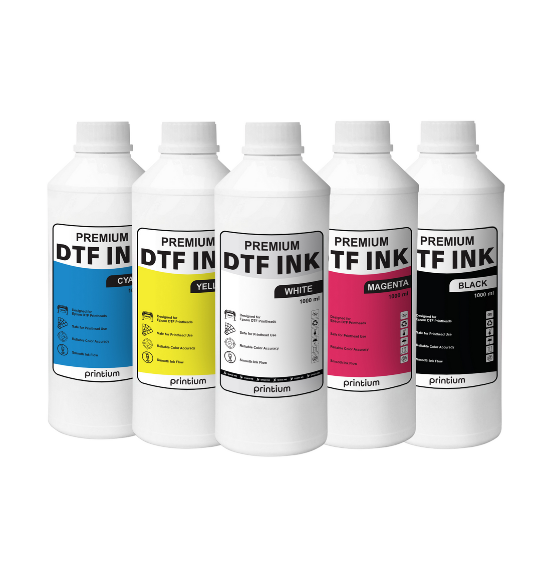 Premium DTF ink bottles set for textile printing - High-pigment formulas designed for superior clog-resistance and vibrant colors on various fabric types