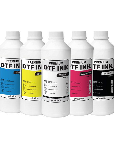 Premium DTF ink bottles set for textile printing - High-pigment formulas designed for superior clog-resistance and vibrant colors on various fabric types