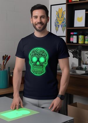 Custom luminous DTF printing service - Neon green glow in the dark transfers for t-shirts and apparel branding.