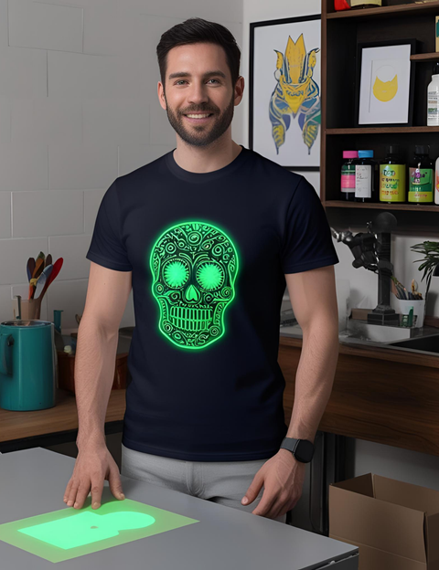 Custom luminous DTF printing service - Neon green glow in the dark transfers for t-shirts and apparel branding.