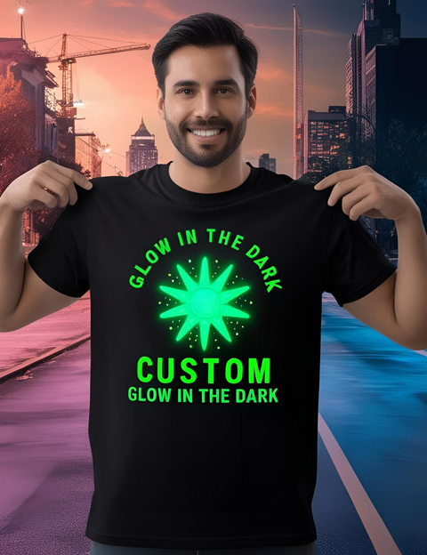 Custom Glow in the Dark DTF Transfer - Vibrant neon green sun design on black t-shirt.