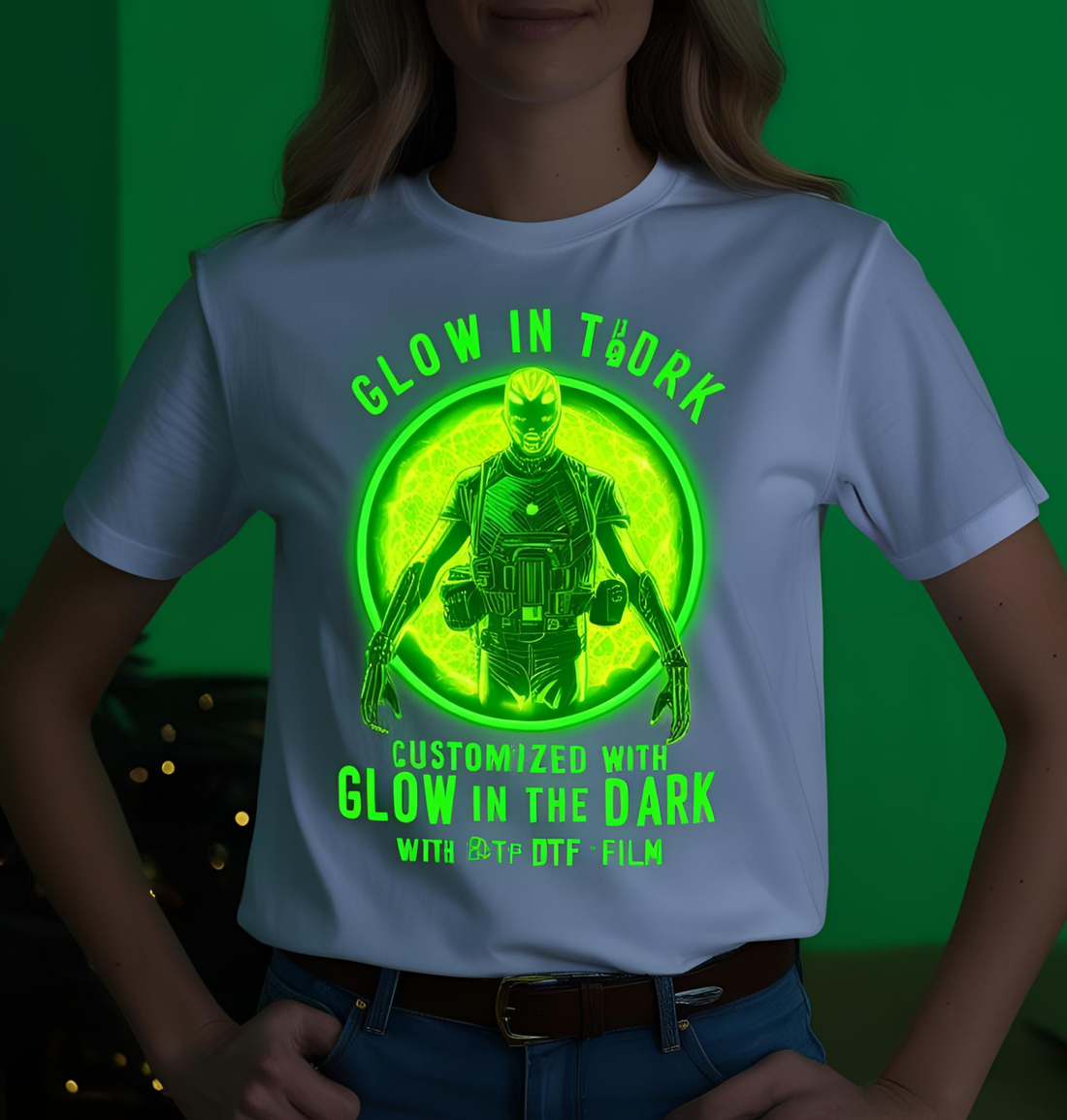 Premium Glow in the Dark DTF film result - Vivid green neon phosphorescent print on custom clothing