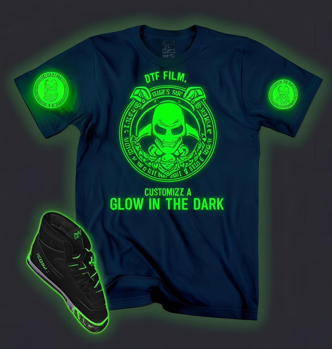 Glowing neon green DTF transfer print on a navy blue t-shirt and black sneaker - High-visibility luminous effect.