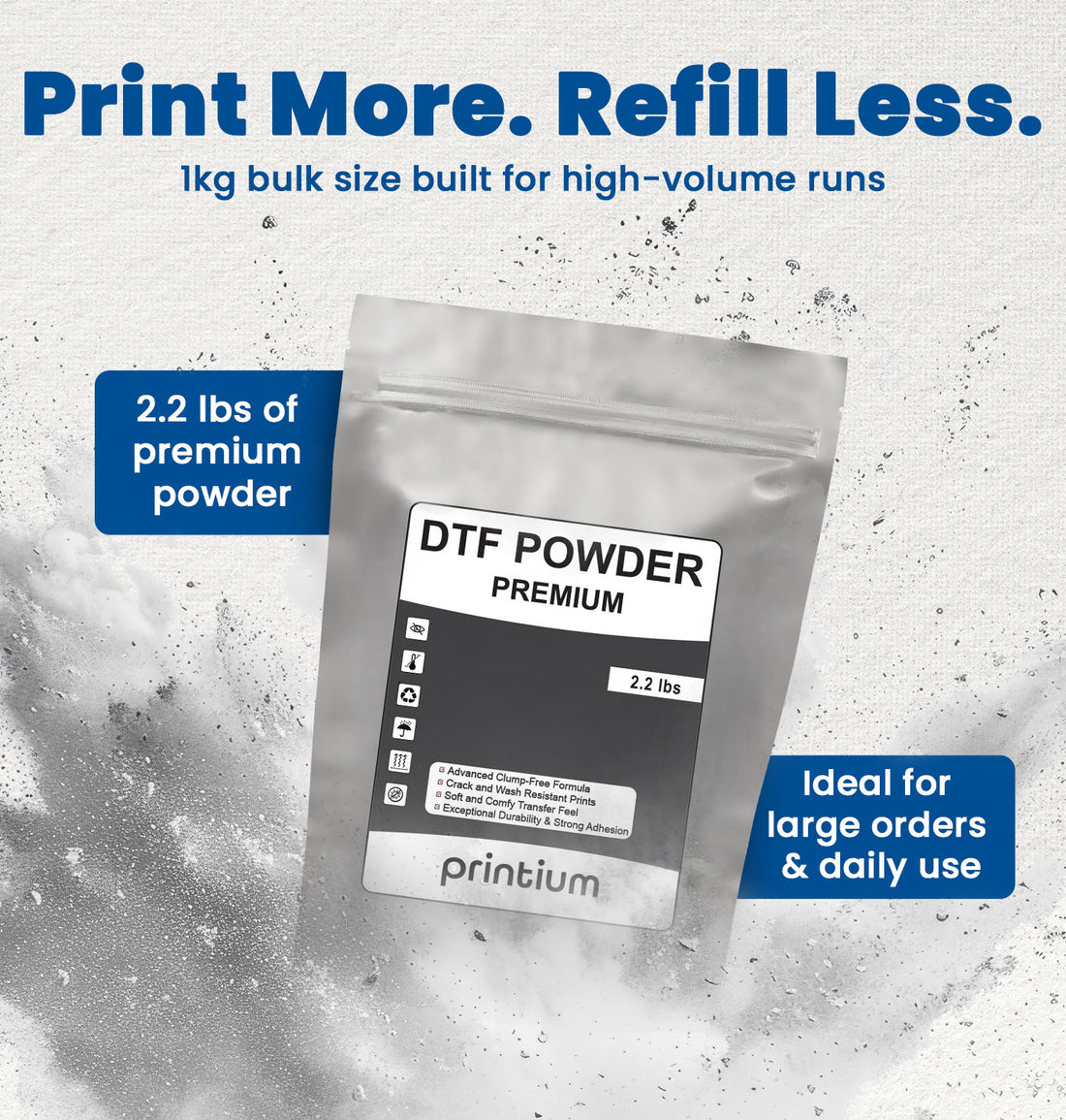 Premium White DTF Adhesive Powder 1kg - Fine grain formula for consistent coverage and vivid color results on various fabric types