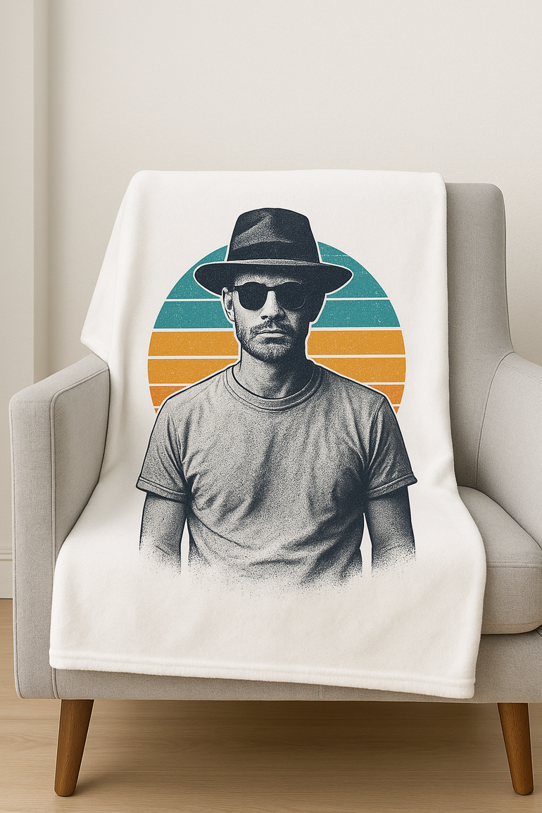 Custom DTF printing on a white blanket - Vintage retro style man design with vibrant sunset colors