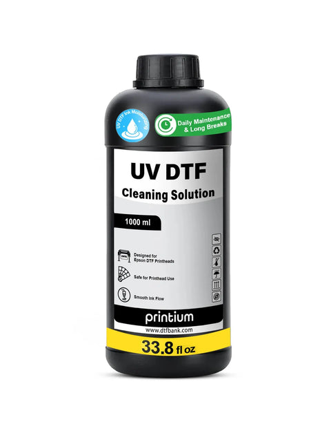 1000 ml UV DTF Cleaning Solution - High-potency maintenance liquid designed to dissolve UV ink residue and prevent printhead clogging.