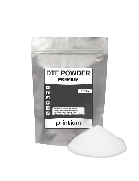 Printium Premium DTF transfer powder for industrial-grade durability - High-stretch adhesive formula ensuring vibrant colors and soft-hand feel with superior wash resistance on all fabric types.