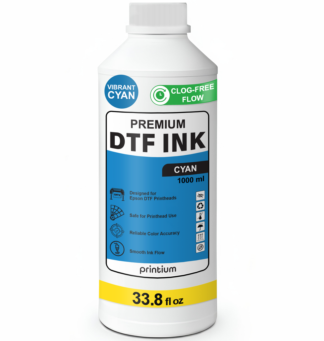 Single bottle of premium Cyan DTF ink - High-pigment blue ink for achieving vibrant colors and crisp detail in professional textile printing