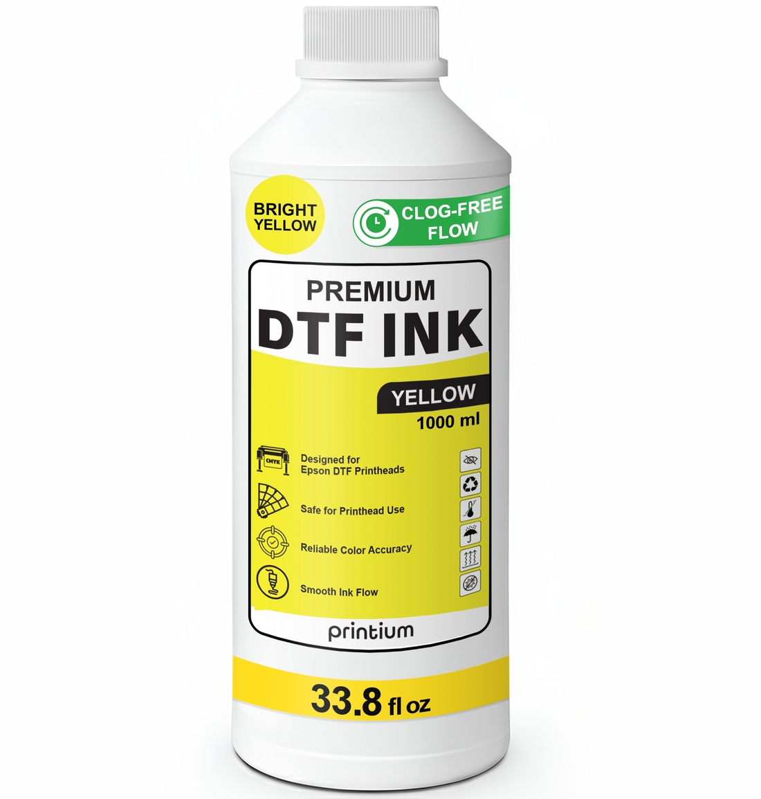 High-density Yellow DTF ink for garment printing - Provides bright, sunny tones and superior saturation for complex vibrant color designs.