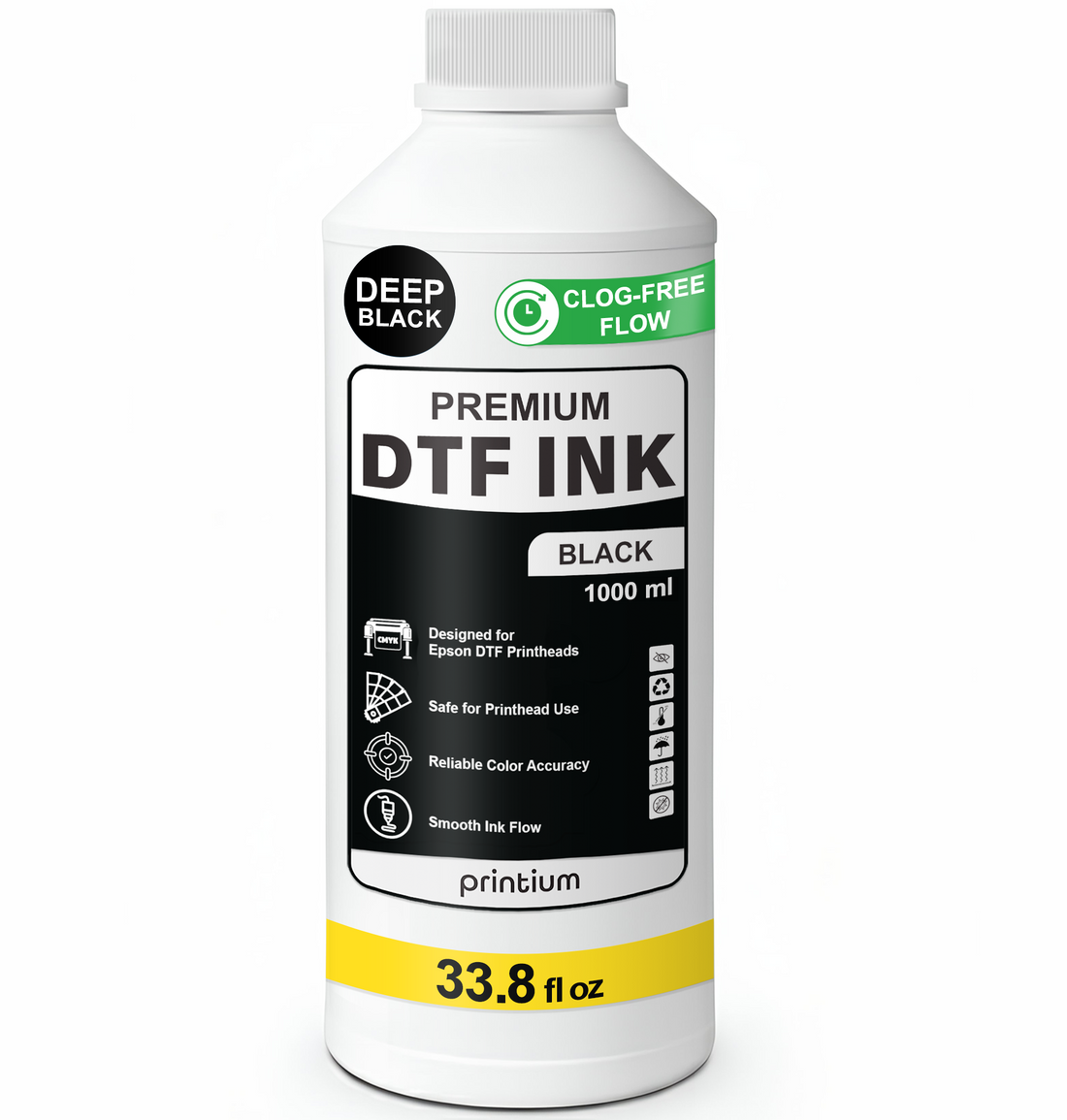 Deep Black DTF textile ink - Specifically engineered for high-opacity dark tones, sharp outlines, and industrial-grade vivid color depth.