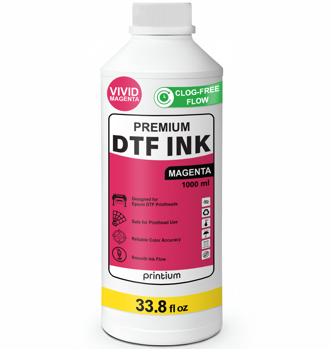 Professional Magenta DTF ink bottle - Formulated for deep red and purple tones with vivid color brilliance and excellent wash durability.