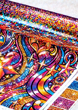 High-quality Glitter DTF transfer gang sheet featuring multiple custom designs with a sparkling textured finish and vibrant colors for eye-catching apparel branding.