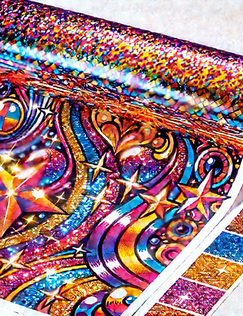 High-quality Glitter DTF transfer gang sheet featuring multiple custom designs with a sparkling textured finish and vibrant colors for eye-catching apparel branding.
