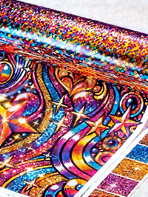 High-quality Glitter DTF transfer gang sheet featuring multiple custom designs with a sparkling textured finish and vibrant colors for eye-catching apparel branding.