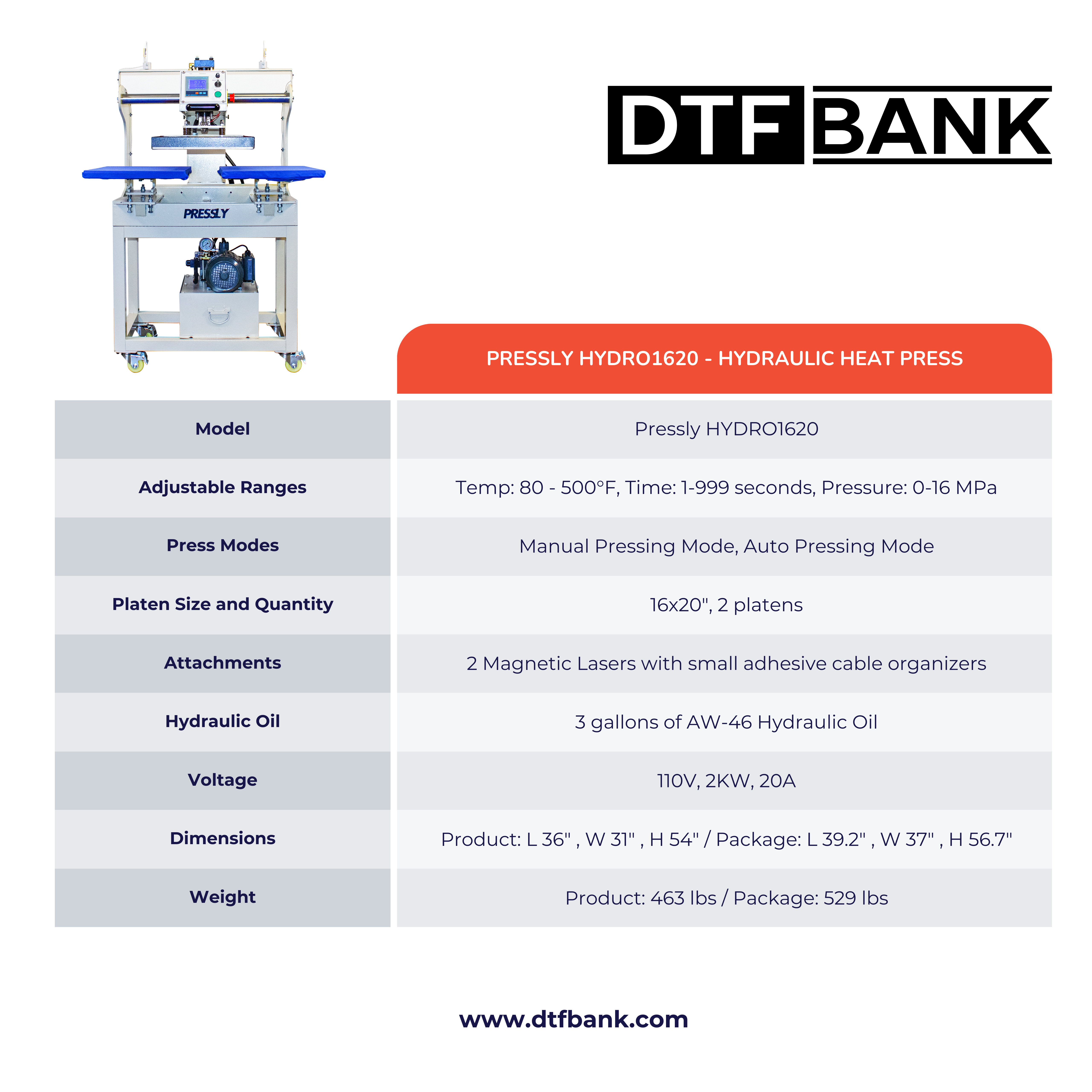 Hydraulic Head Moving Heat Press – 16x20 Inch Printing – DTF PRINT